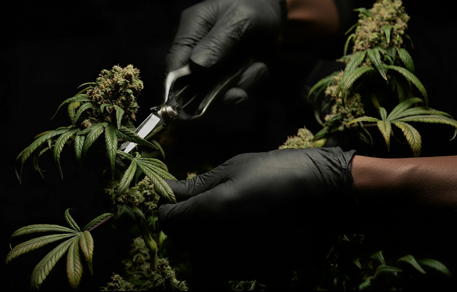 Gloved hands trimming a fresh cannabis flower