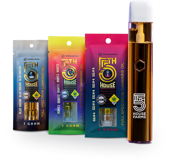 A colorful lineup of 5th House Farms vape products
